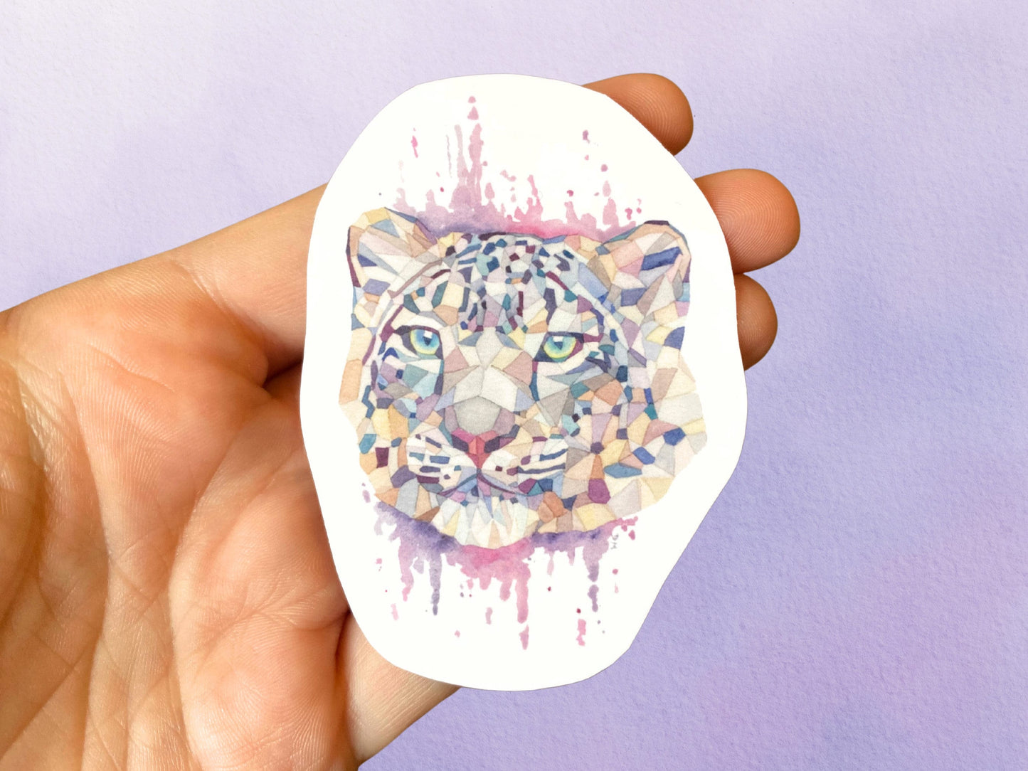 Geometric Snow Leopard Cat Sticker | Wild Animal Watercolor Sticker - Debra Marie Art