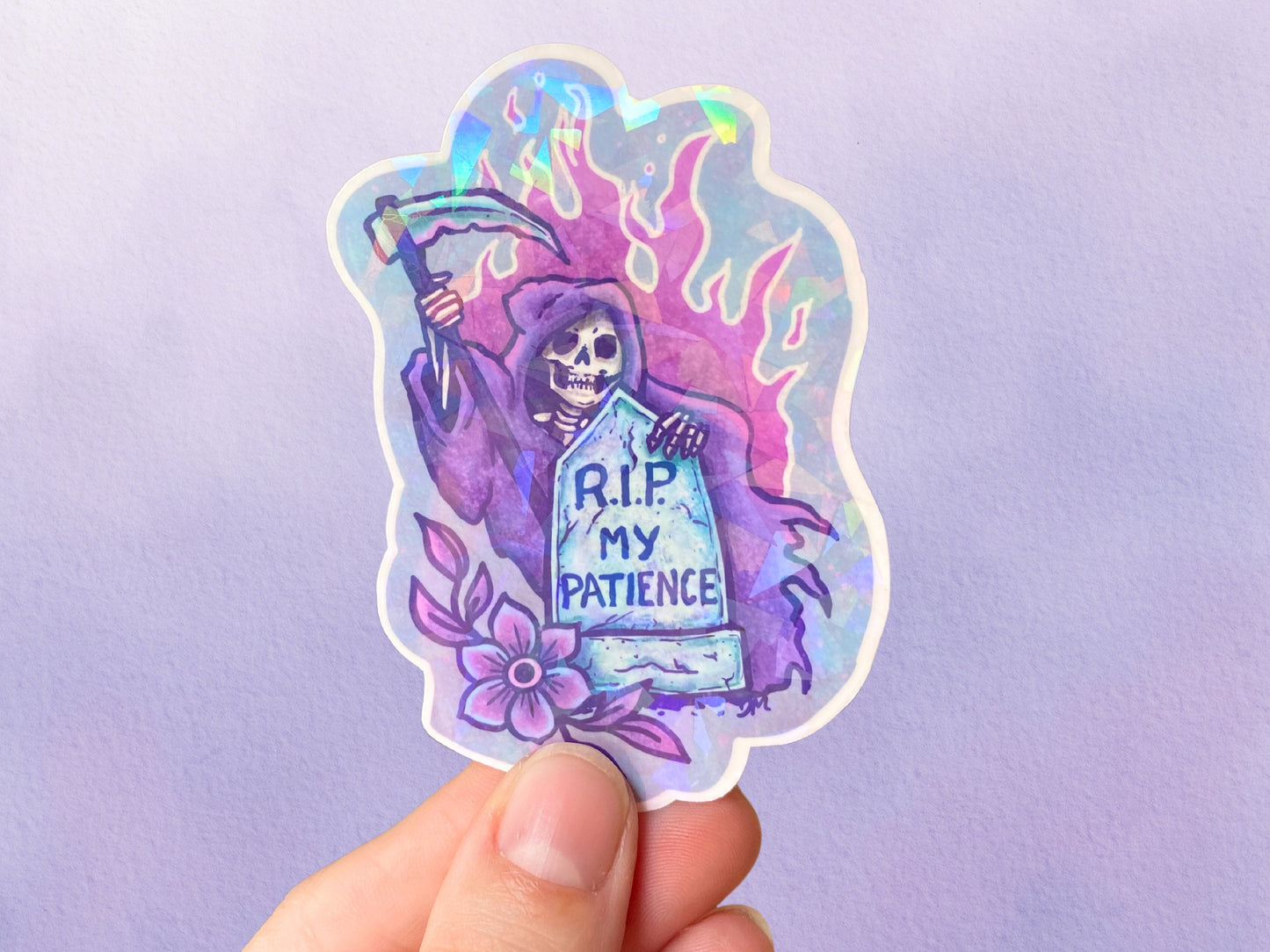 Holographic Grim Reaper Gravestone Sticker | Pastel Halloween Vinyl Sticker | RIP Spooky Sticker For Water Bottle - Debra Marie Art