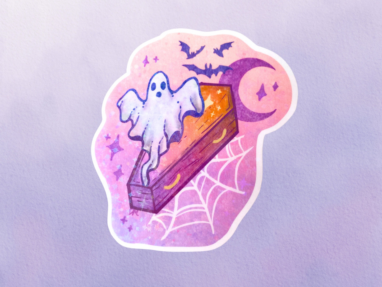 Holographic Ghost Coffin Sticker | Pastel Halloween Moon Vinyl Sticker | Cute Goth Sticker For Water Bottle - Debra Marie Art