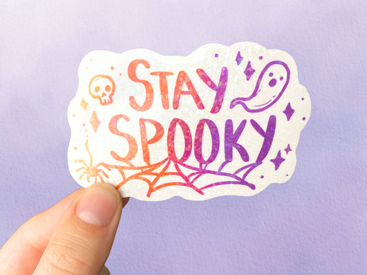 Holographic Stay Spooky Sticker | Pastel Halloween Vinyl Sticker | Cute Fall Sticker For Water Bottle - Debra Marie Art