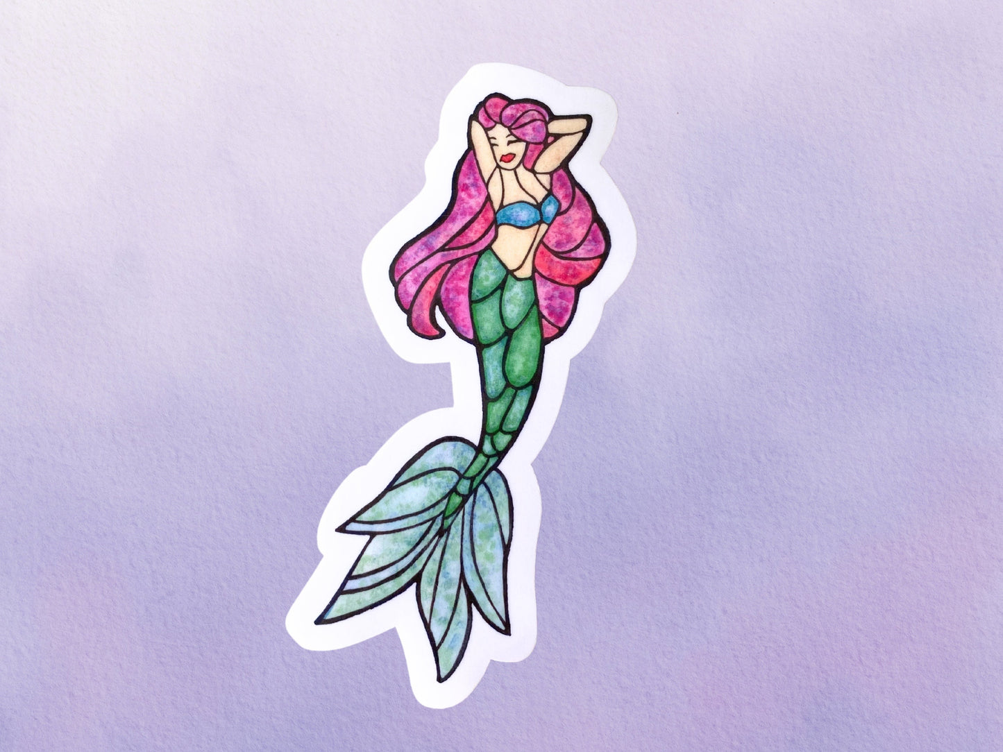 Whimsical Mermaid Art Sticker | Fantasy Stained Glass Vinyl Sticker | Ocean Sticker Gift for Women - Debra Marie Art