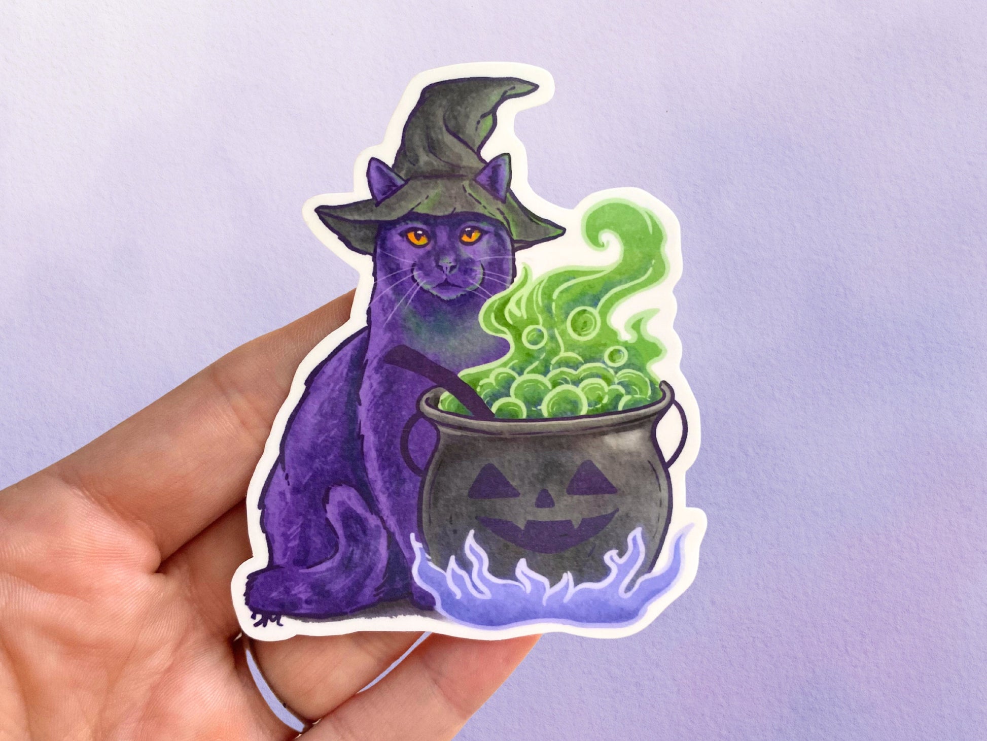 Black Cat Cauldron Potion Sticker | Halloween Witch Vinyl Sticker | Cute Witchy Sticker For Water Bottle - Debra Marie Art