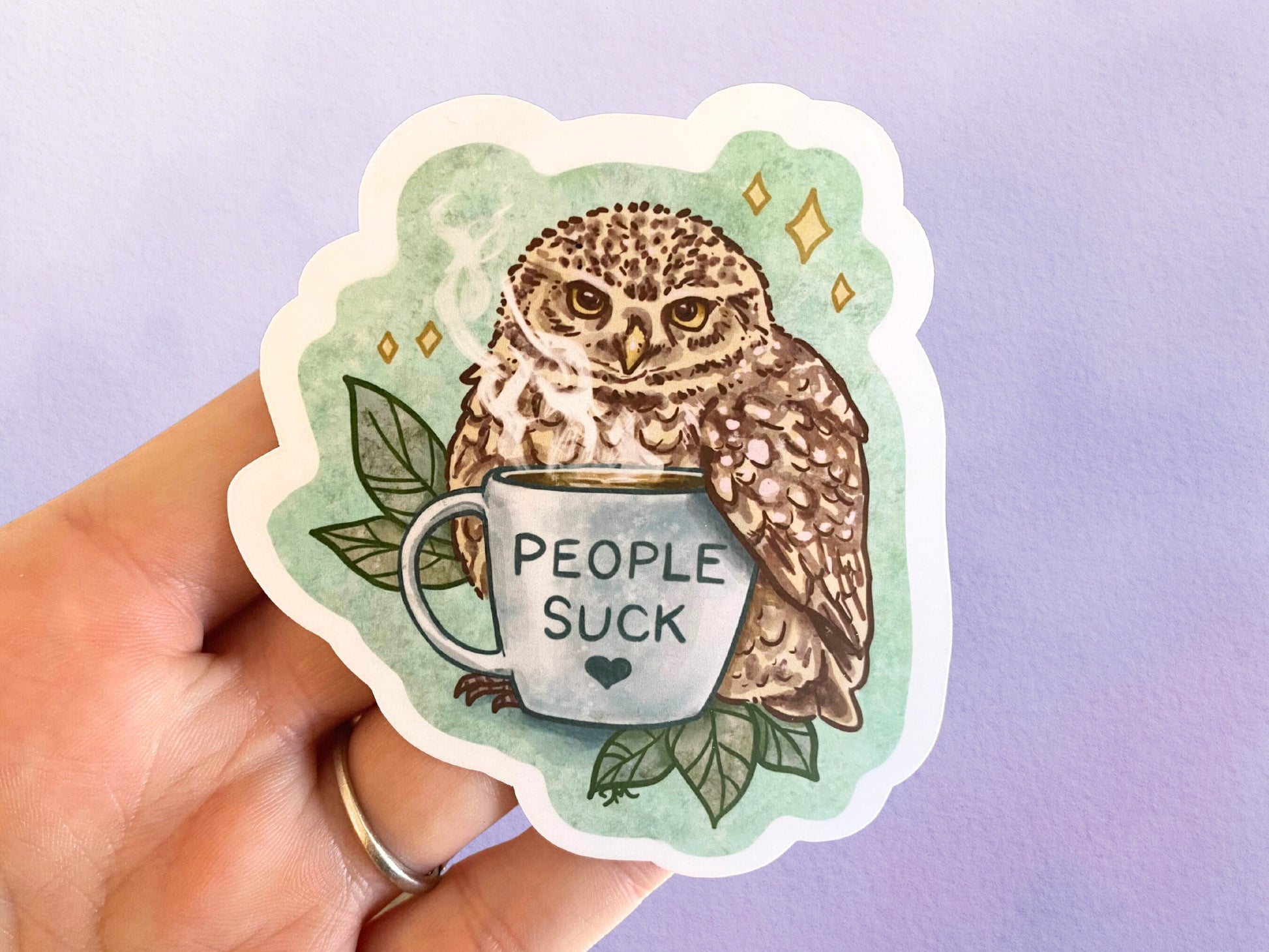 Owl Coffee People Suck Sticker | Sarcastic Bird Adult Funny Animal Sticker | Nature Vinyl Sticker - Debra Marie Art