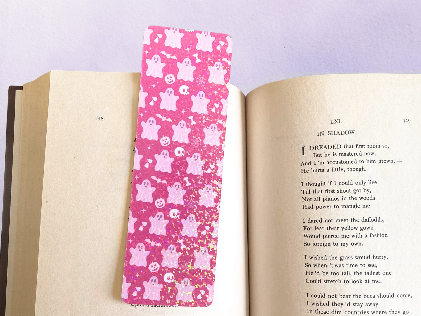 Holographic Pastel Halloween Bookmark | Cute Ghost Bookish Gift | Laminated Pink Bookworm Spooky Gifts for Women - Debra Marie Art