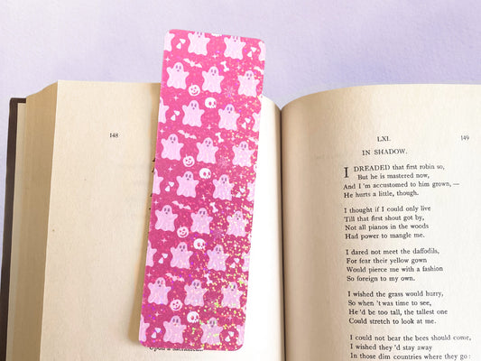 Holographic Pastel Halloween Bookmark | Cute Ghost Bookish Gift | Laminated Pink Bookworm Spooky Gifts for Women - Debra Marie Art