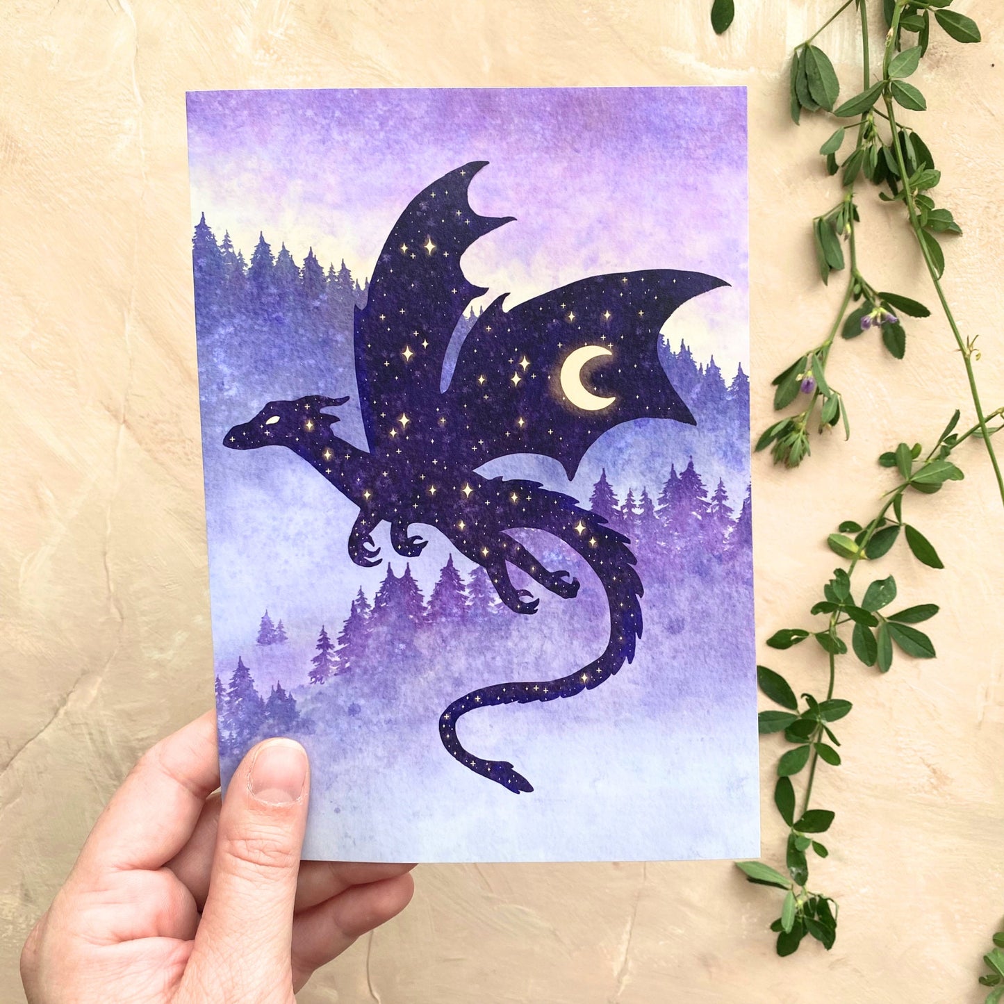 Celestial Purple Dragon Art Print | Whimsigoth Nature Animal Art Home | Forest Creature Wall Decor - Debra Marie Art