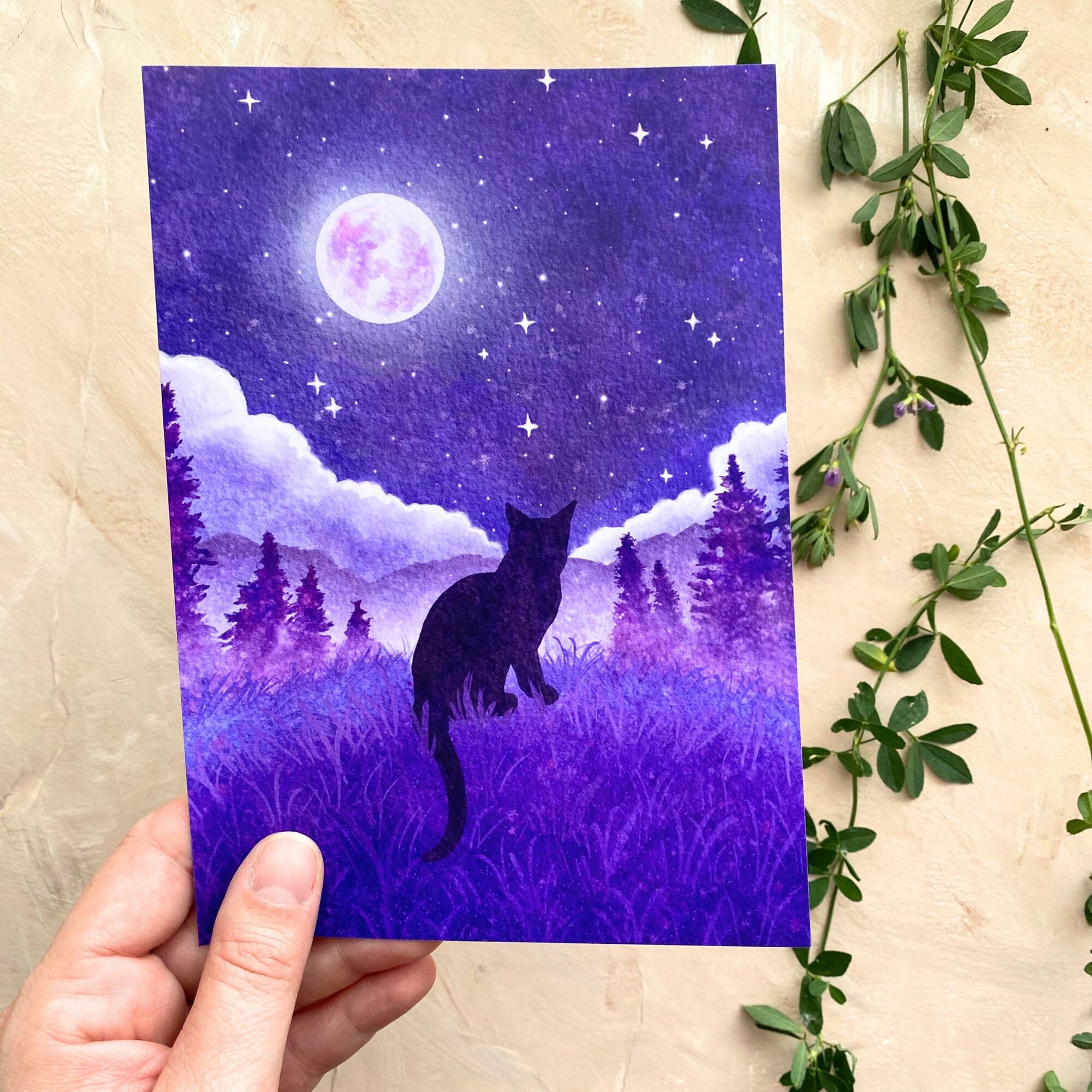 Celestial Black Cat Art Print | Magical Forest Animal Art Decor | Moon Home Wall - Debra Marie Art