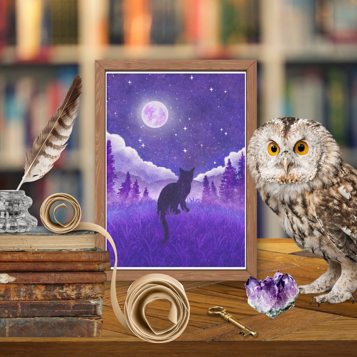 Celestial Black Cat Art Print | Magical Forest Animal Art Decor | Moon Home Wall - Debra Marie Art