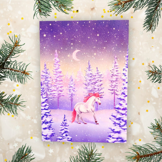 Winter Candy Cane Unicorn Horse Art Print | Christmas Fantasy Forest Wall Art |  Mantle Woodland Home Decor - Debra Marie Art