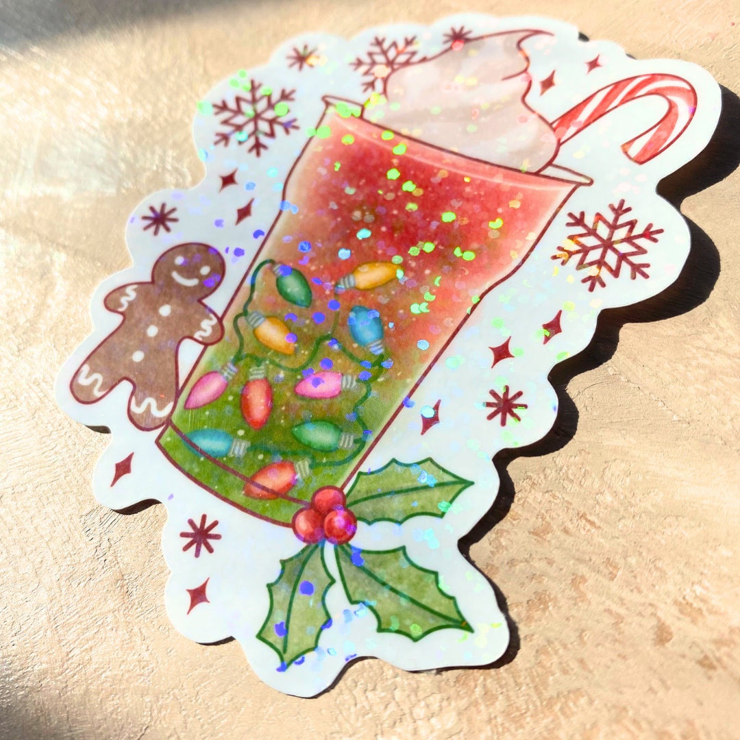 Holographic Christmas Boba Bubble Milk Tea Sticker | Cozy Cute Winter Drink Vinyl Sticker | Holiday Gift Stocking Stuffer - Debra Marie Art