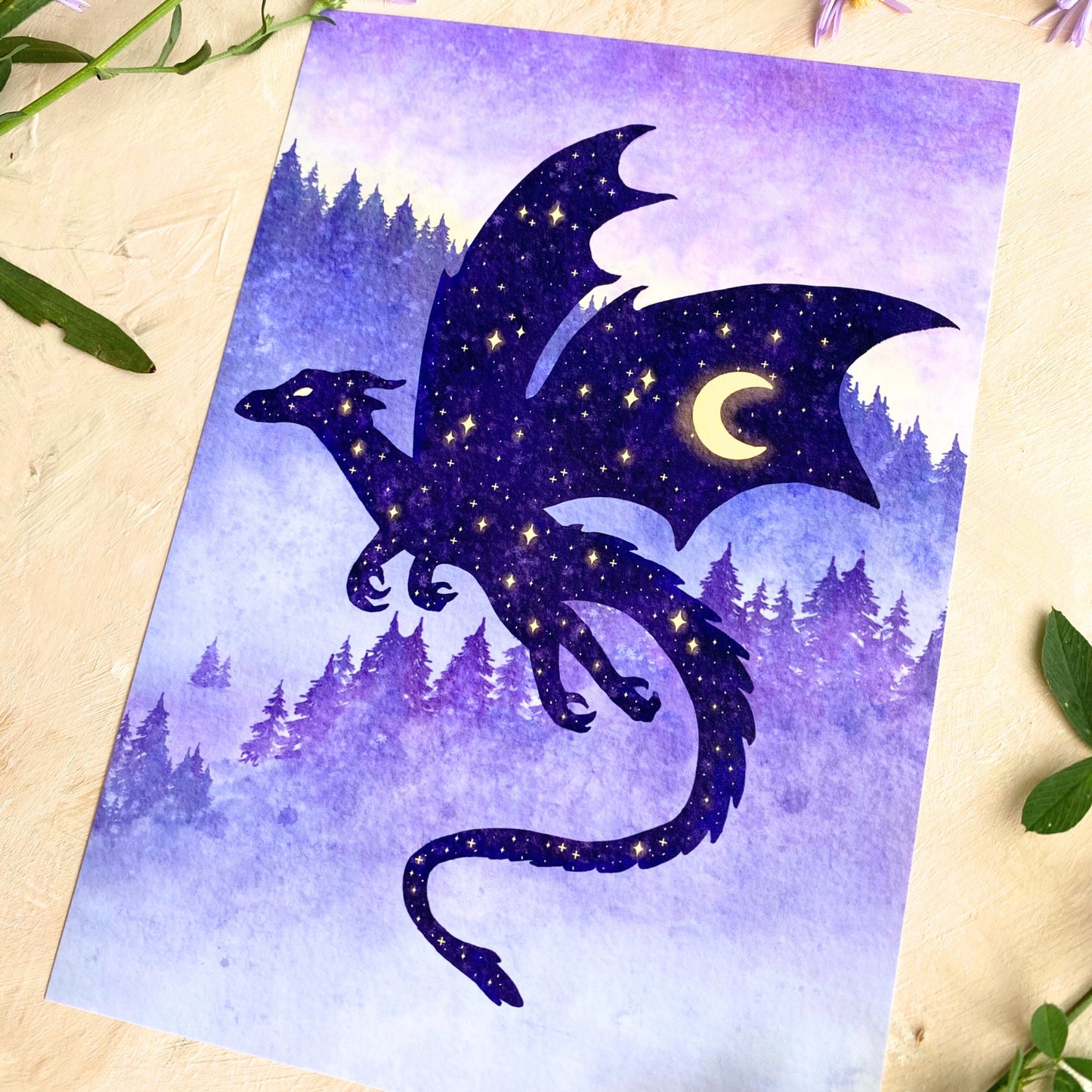 Celestial Purple Dragon Art Print | Whimsigoth Nature Animal Art Home | Forest Creature Wall Decor - Debra Marie Art