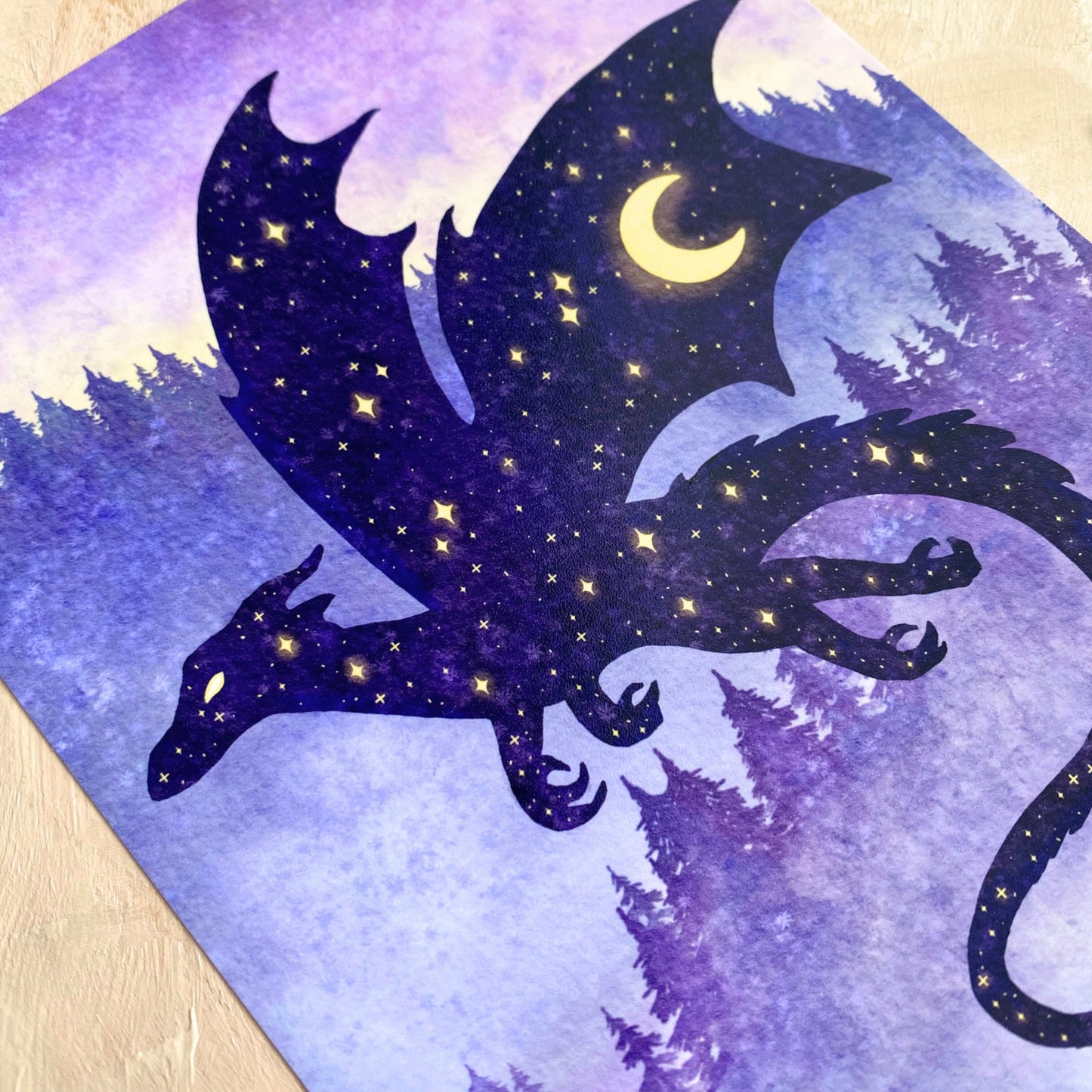 Celestial Purple Dragon Art Print | Whimsigoth Nature Animal Art Home | Forest Creature Wall Decor - Debra Marie Art