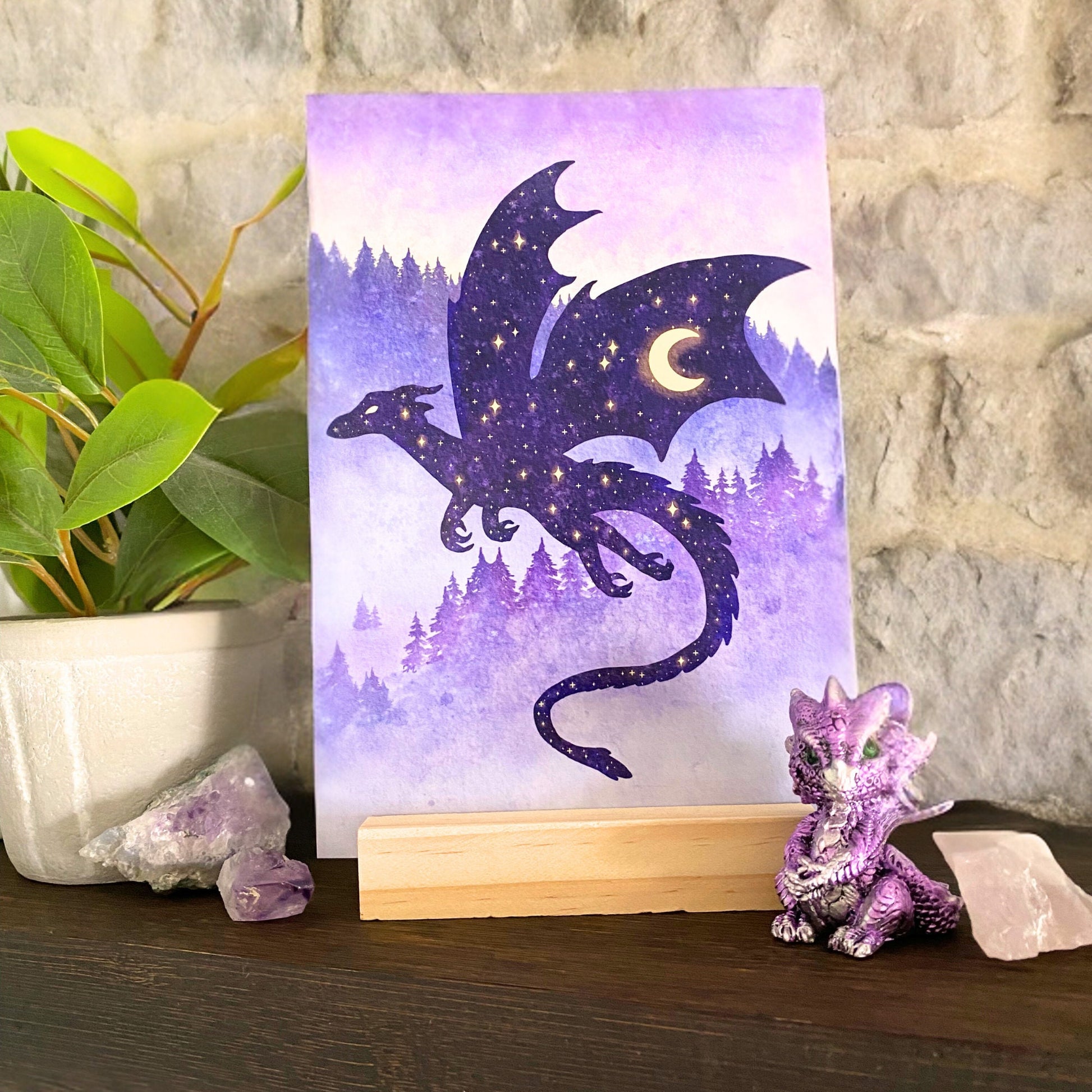 Celestial Purple Dragon Art Print | Whimsigoth Nature Animal Art Home | Forest Creature Wall Decor - Debra Marie Art