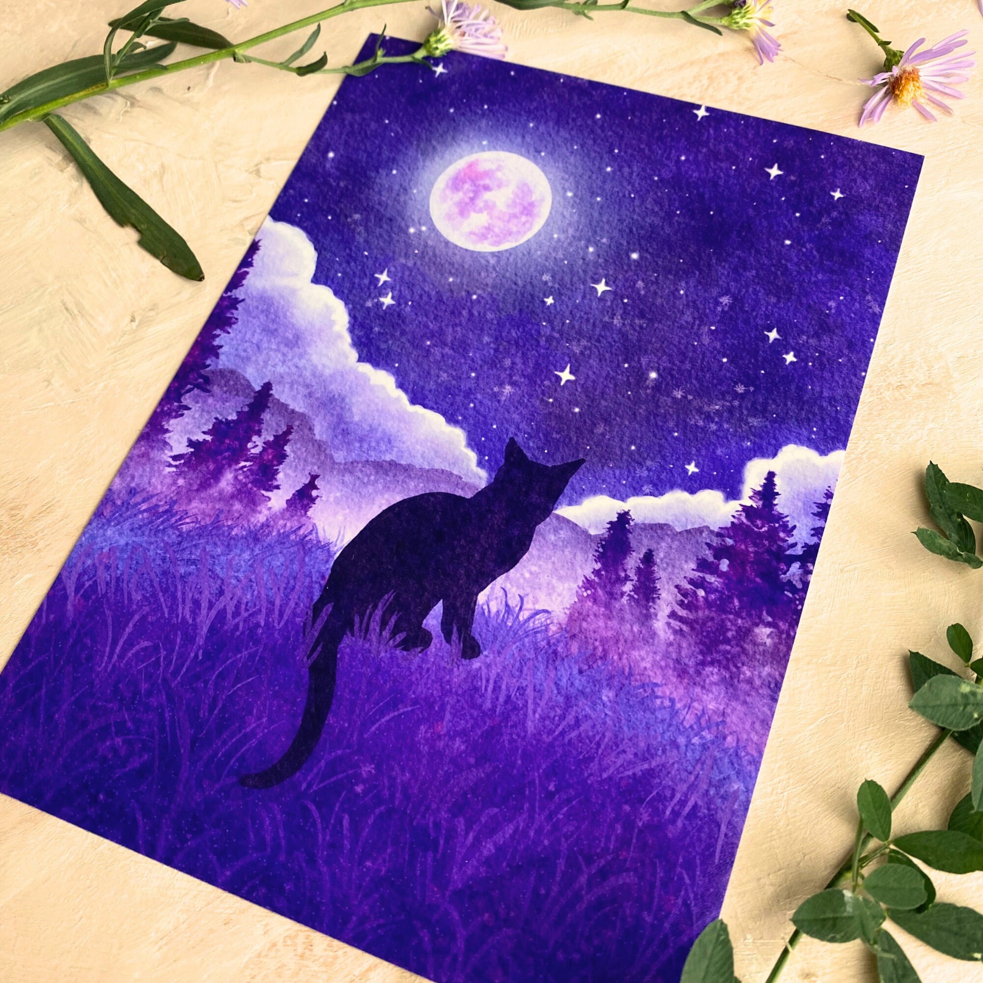 Celestial Black Cat Art Print | Magical Forest Animal Art Decor | Moon Home Wall - Debra Marie Art