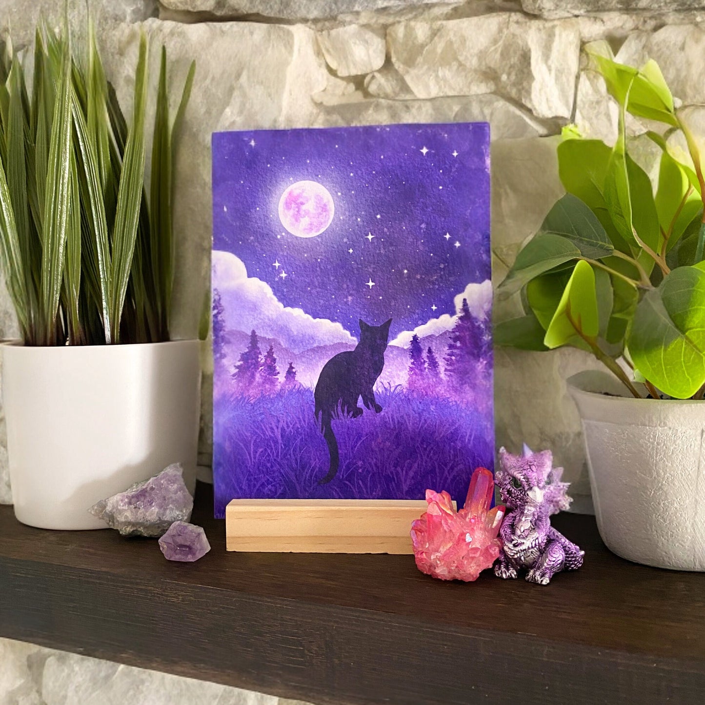 Celestial Black Cat Art Print | Magical Forest Animal Art Decor | Moon Home Wall - Debra Marie Art