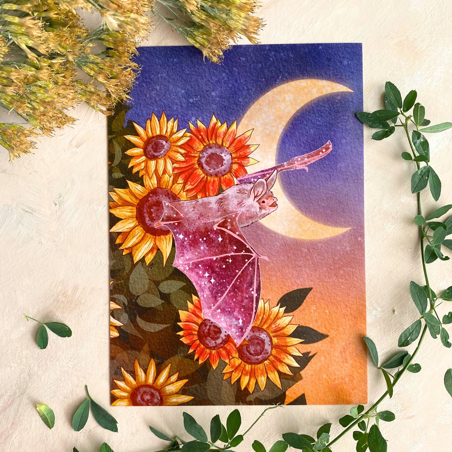 Celestial Sunflower Bat Art Print | Magical Animal Art Decor | Nature Moon Decor Home - Debra Marie Art