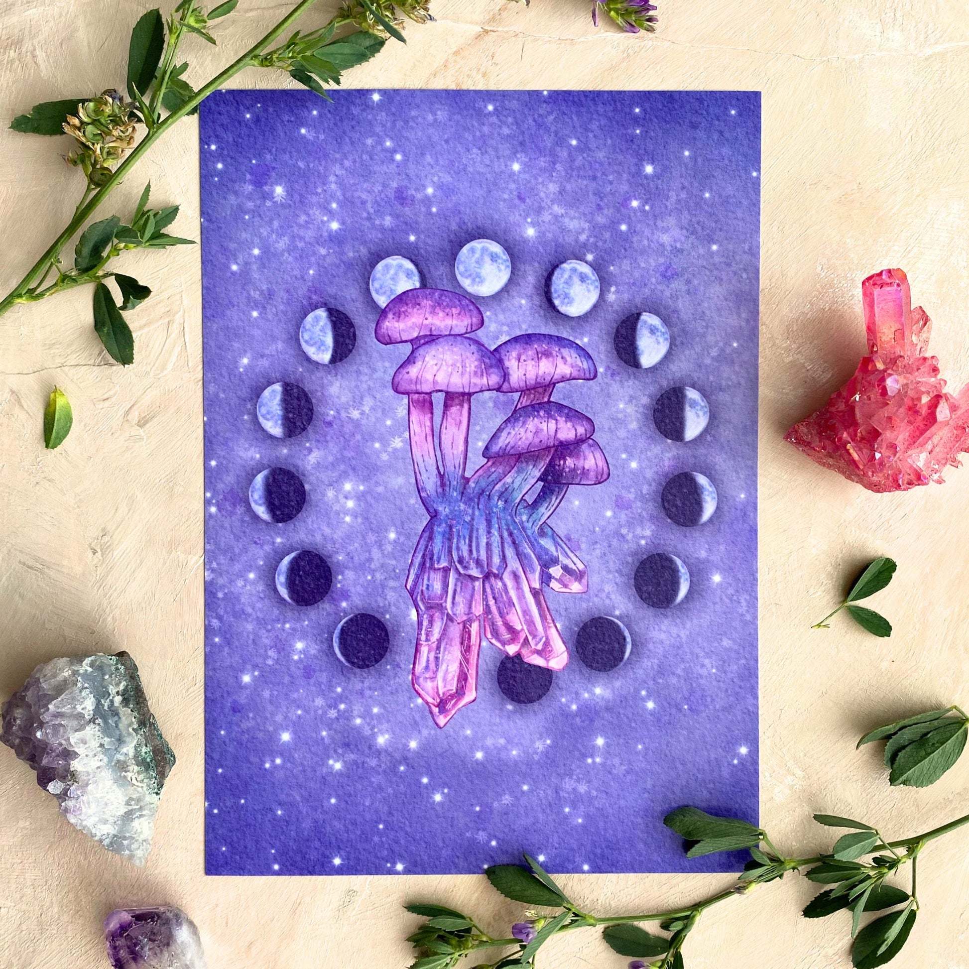 Celestial Crystal Mushroom Art Print | Magical Moon Phase Art Decor | Witchy Home Wall - Debra Marie Art