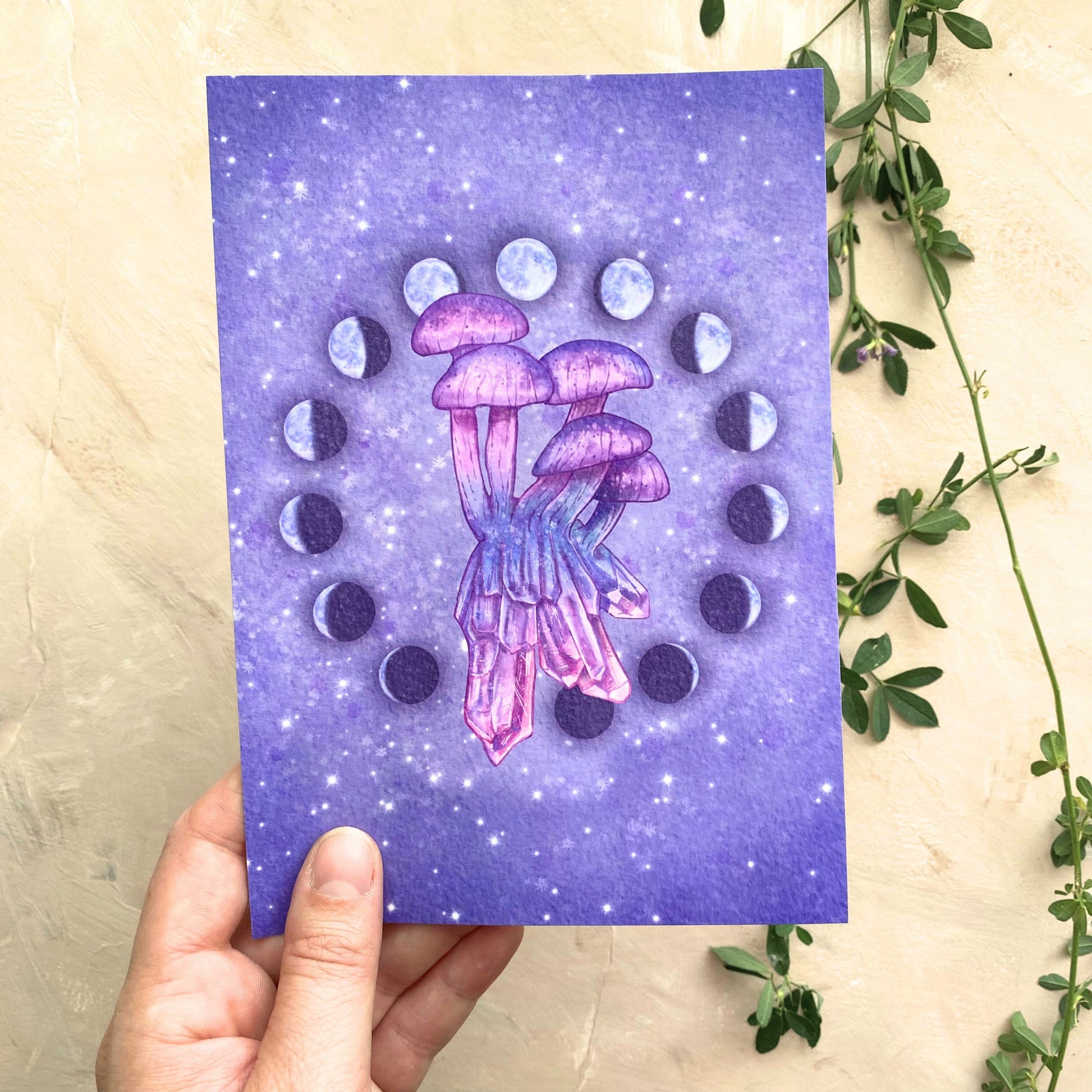 Celestial Crystal Mushroom Art Print | Magical Moon Phase Art Decor | Witchy Home Wall - Debra Marie Art