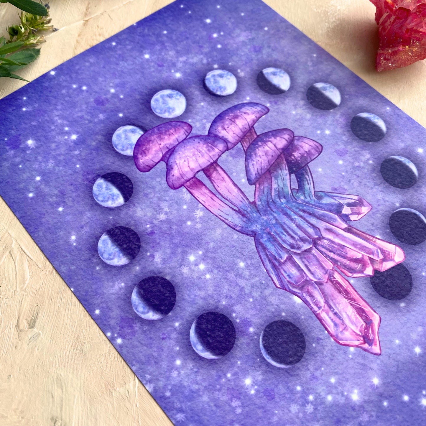 Celestial Crystal Mushroom Art Print | Magical Moon Phase Art Decor | Witchy Home Wall - Debra Marie Art