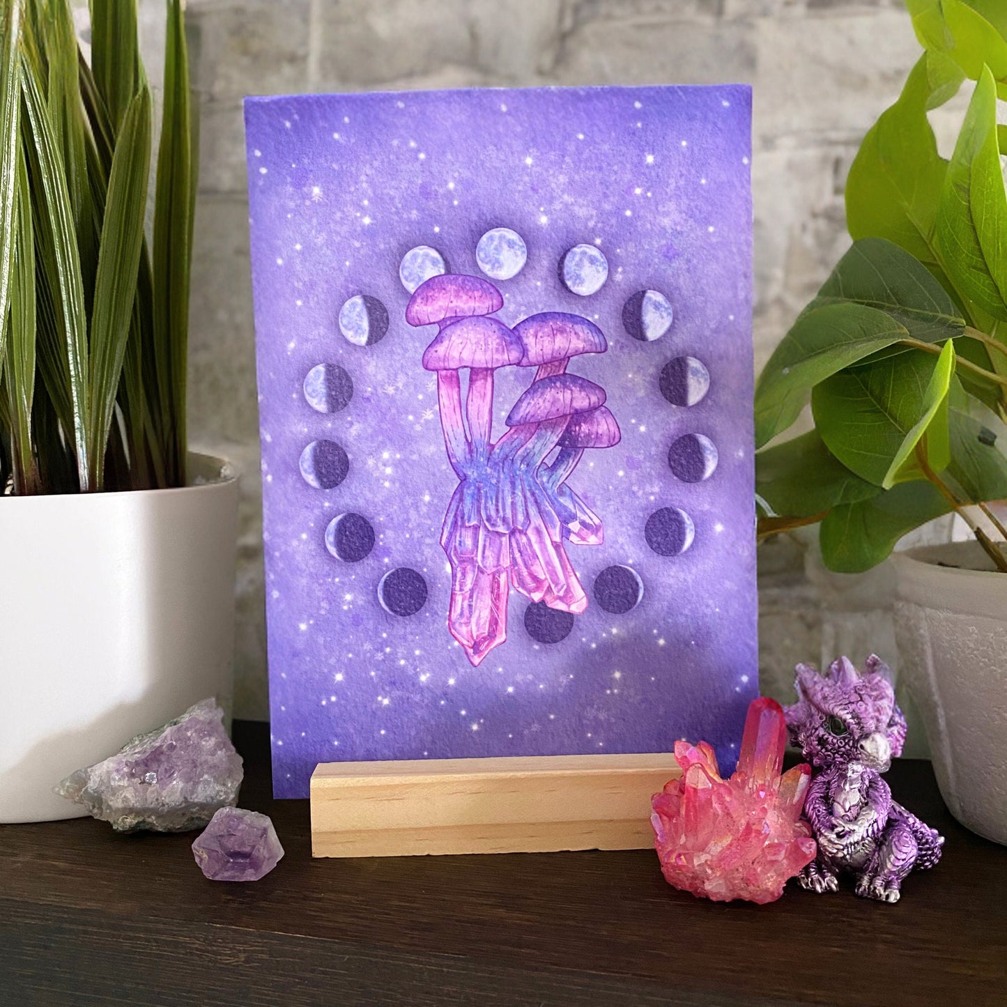 Celestial Crystal Mushroom Art Print | Magical Moon Phase Art Decor | Witchy Home Wall - Debra Marie Art