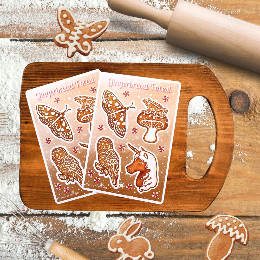 Cute Woodland Gingerbread Sticker Sheet | Forest Animal Sticker Art | Winter Christmas Sticker Set - Debra Marie Art