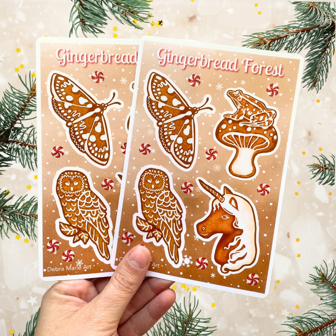 Cute Woodland Gingerbread Sticker Sheet | Forest Animal Sticker Art | Winter Christmas Sticker Set - Debra Marie Art