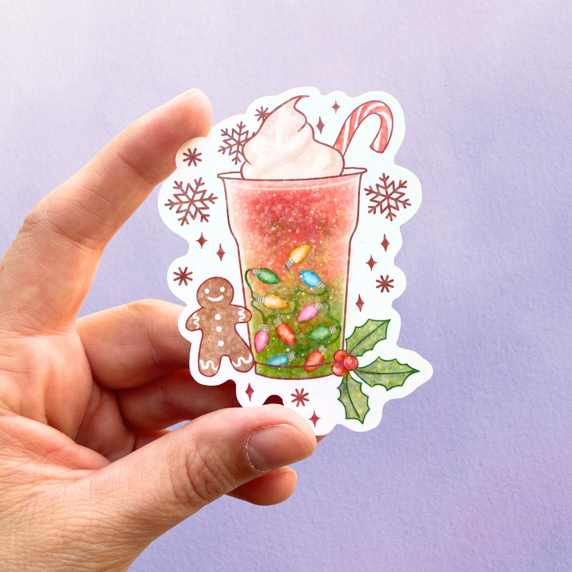 Holographic Christmas Boba Bubble Milk Tea Sticker | Cozy Cute Winter Drink Vinyl Sticker | Holiday Gift Stocking Stuffer - Debra Marie Art