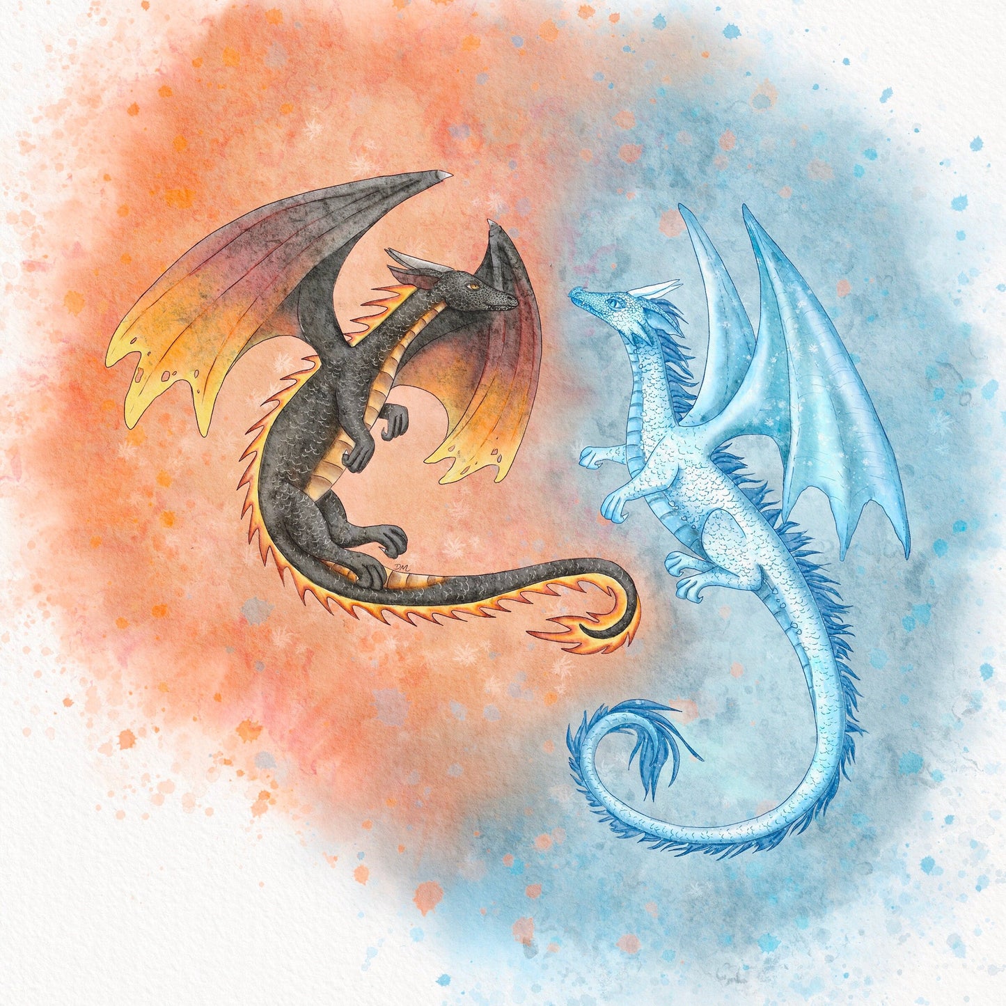 Whimsical Fire Ice Dragon Art Print | Magical Animal Art Decor | Creature Decor Wall - Debra Marie Art