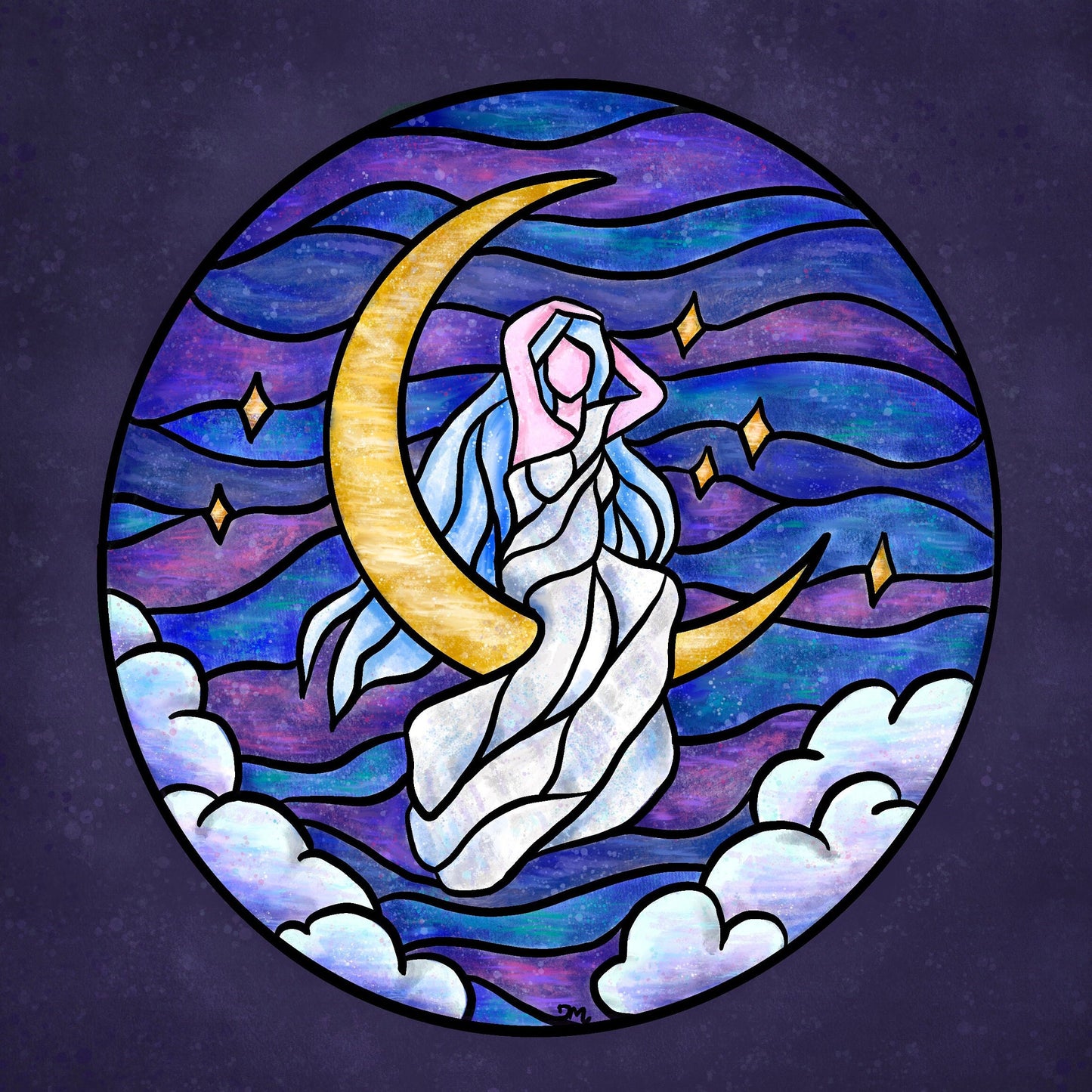 Stained Glass Style Moon Goddess Art Print Wall Decor | Witchy Whimsigoth Wall Art | - Debra Marie Art