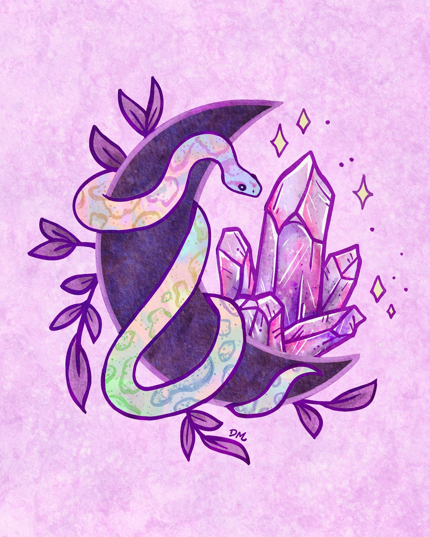 Witchy Snake Crystal Art Print | Pastel Goth Wall Art | Celestial Moon Animal Home Decor - Debra Marie Art