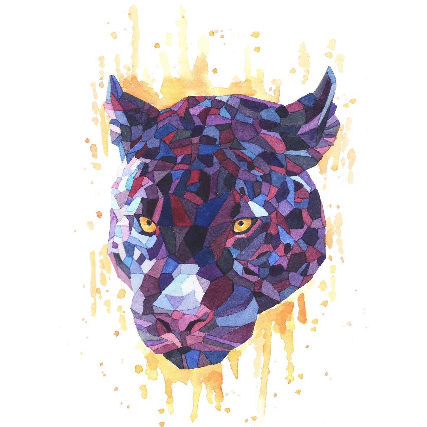 Watercolor Geometric Black Panther Cat Jaguar Animal Wall Art Decor Print - Debra Marie Art