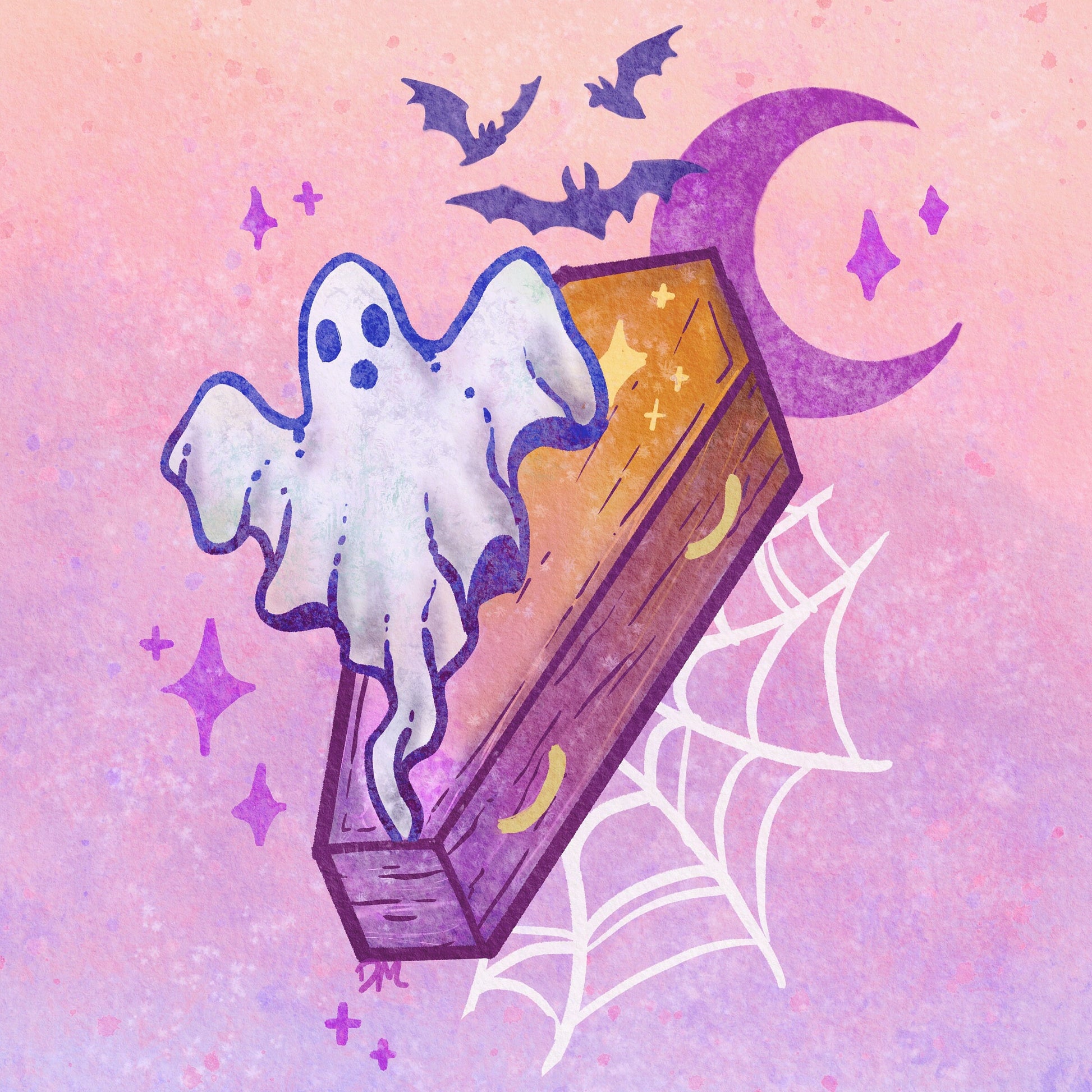 Witchy Ghost Coffin Art Print | Pastel Moon Wall Art | Spooky Halloween Home Decor - Debra Marie Art