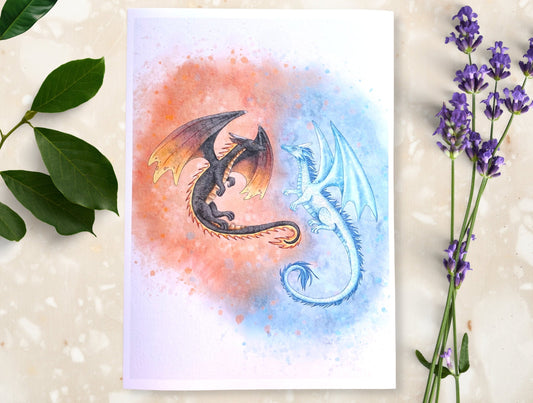 Whimsical Fire Ice Dragon Art Print | Magical Animal Art Decor | Creature Decor Wall - Debra Marie Art