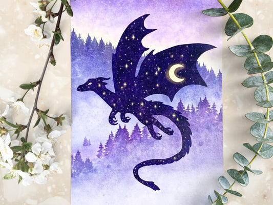 Celestial Purple Dragon Art Print | Whimsigoth Nature Animal Art Home | Forest Creature Wall Decor - Debra Marie Art