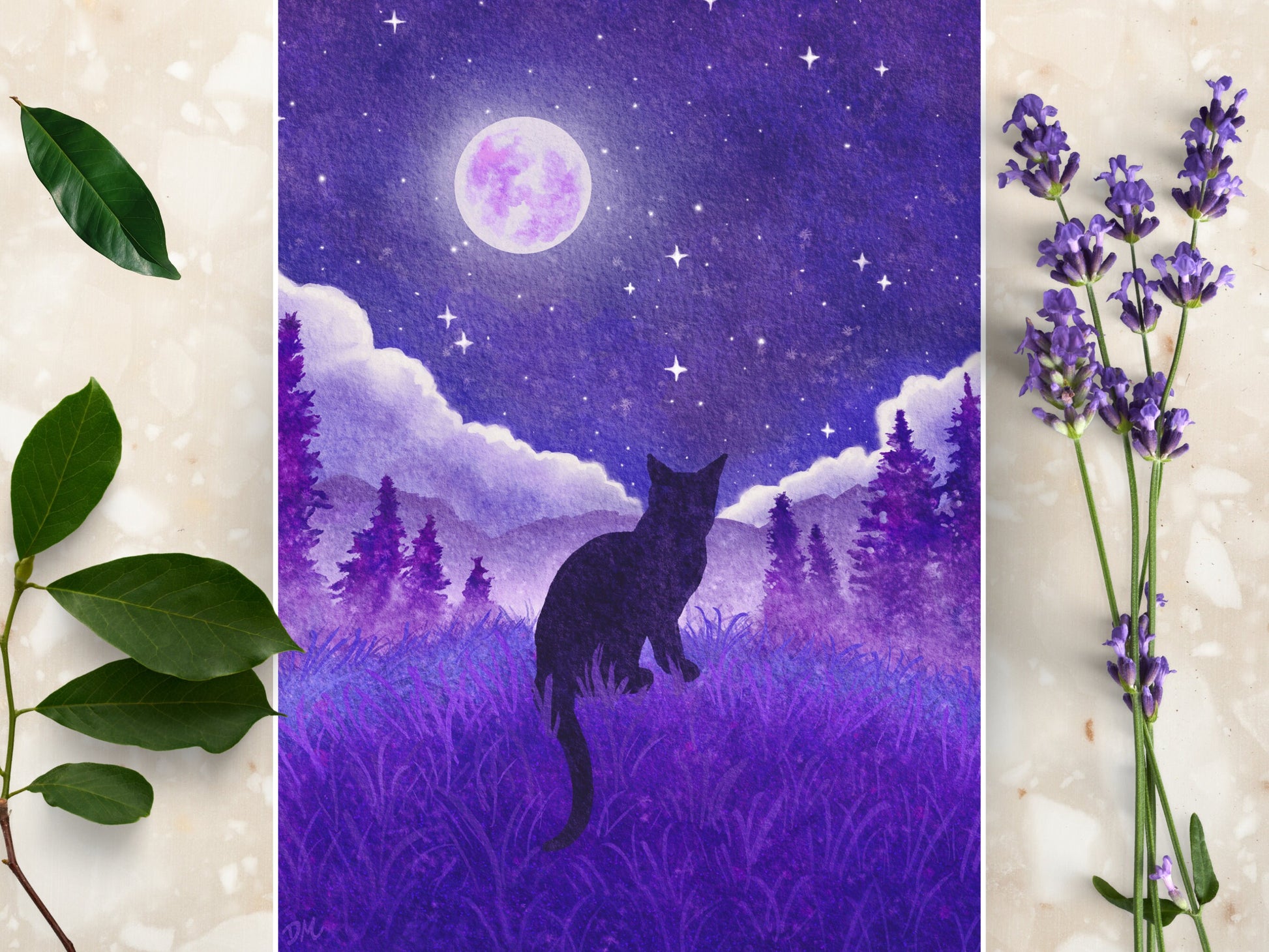 Celestial Black Cat Art Print | Magical Forest Animal Art Decor | Moon Home Wall - Debra Marie Art