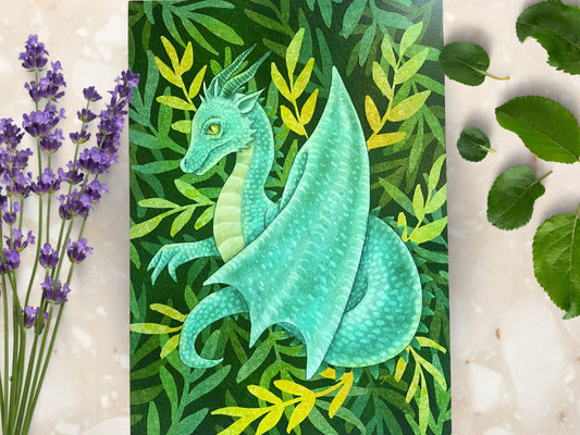 Teal Dragon Art Print | Botanical Nature Animal Art Home | Plant Forest Creature Wall Decor - Debra Marie Art