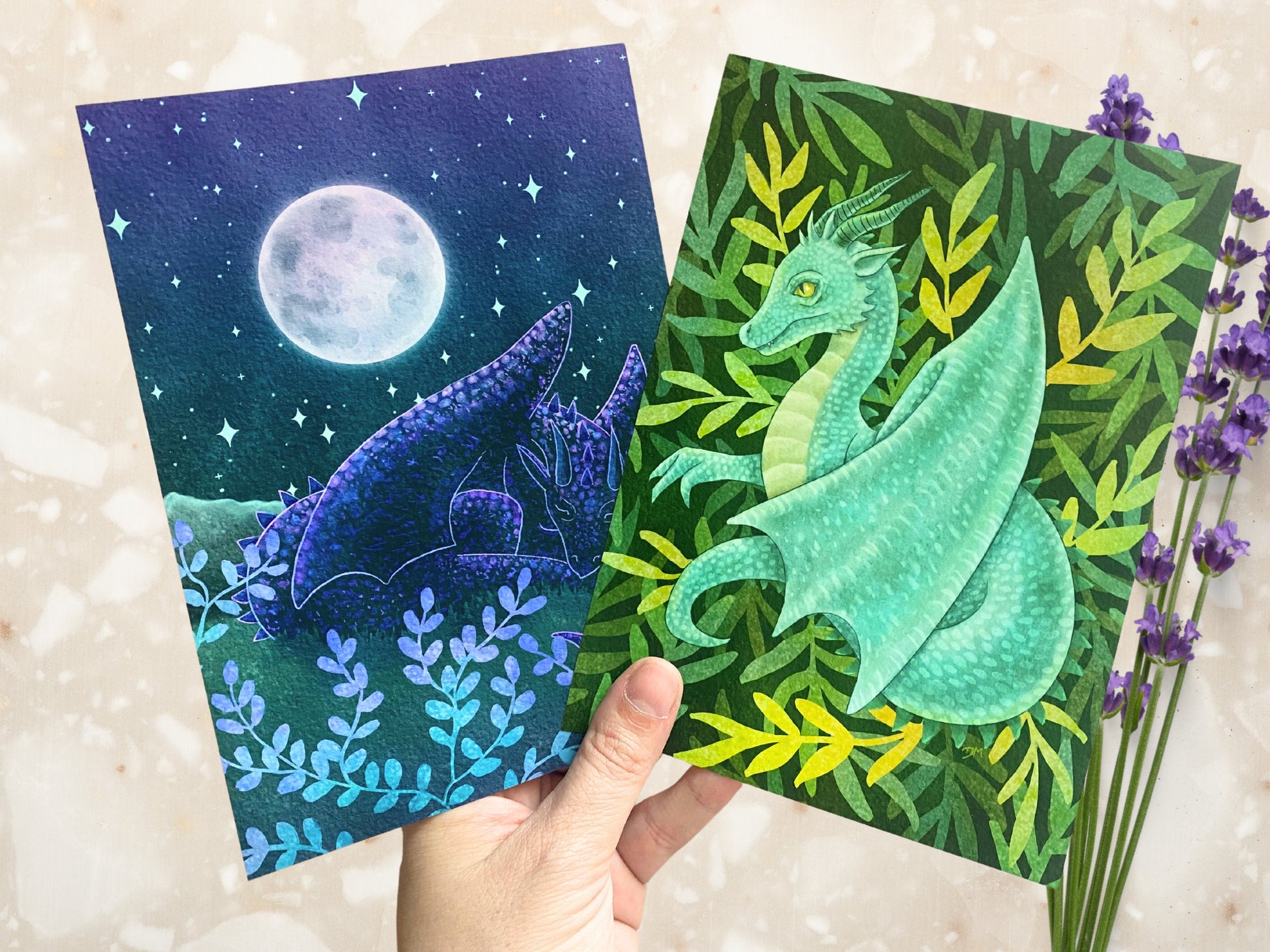 Whimsical Dragon Art Print Set | Fantasy Animal Creature Wall Decor |  Celestial Moon Nature Set of 2 Art Prints - Debra Marie Art