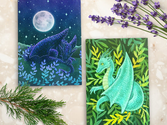 Whimsical Dragon Art Print Set | Fantasy Animal Creature Wall Decor |  Celestial Moon Nature Set of 2 Art Prints - Debra Marie Art