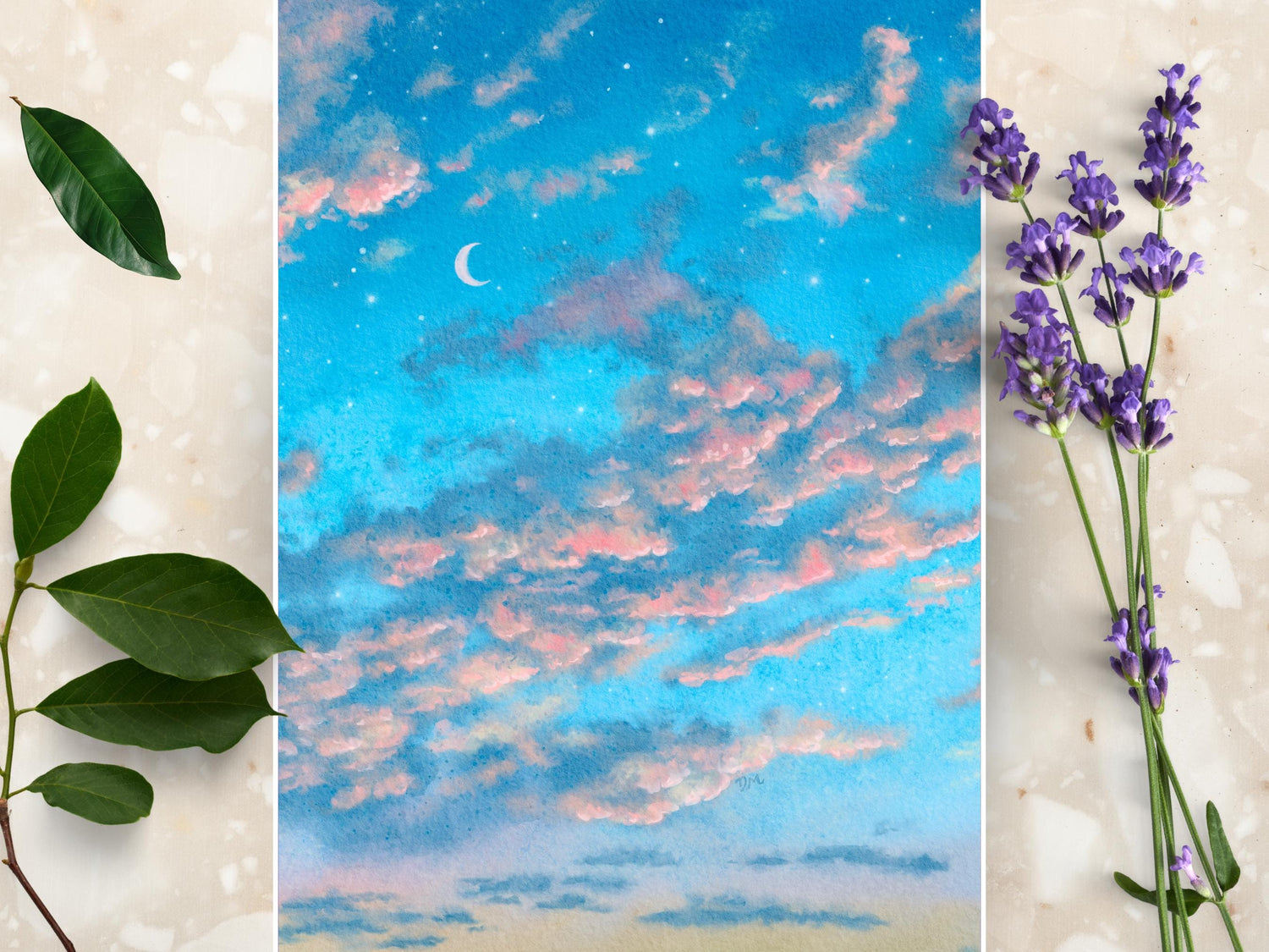 Aesthetic Landscape Lofi Sky Art Print | Relaxing Sunset Nature Celestial Art Home | Cloud Moon Wall Office Decor - Debra Marie Art