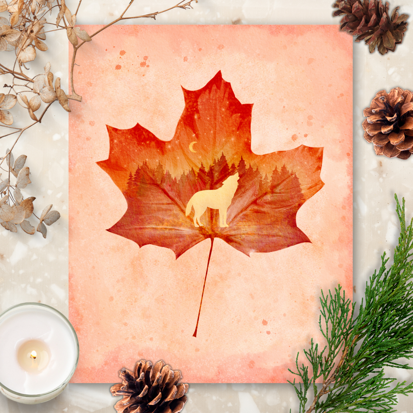 Wolf Leaf Art Print | Fall Forest Animal Lover Wall Art | Landscape Nature Cabin Home Decor