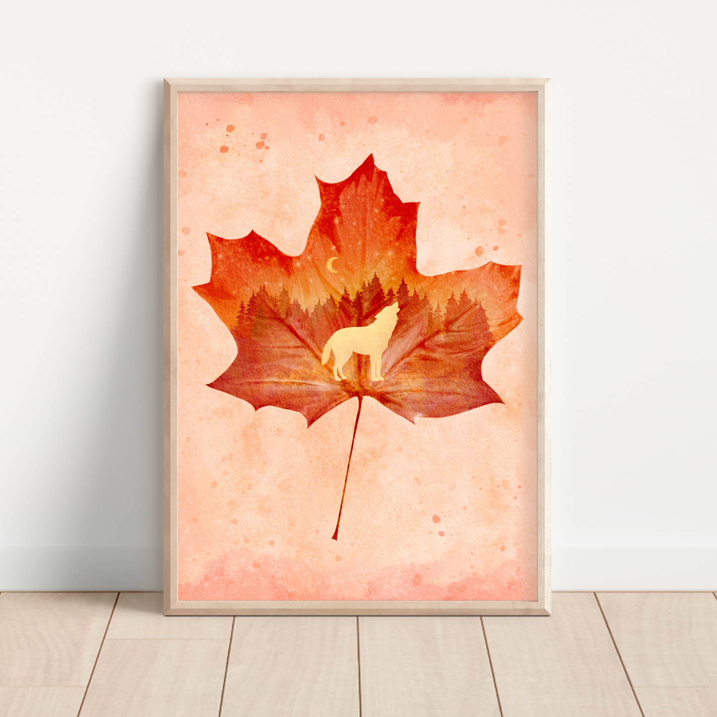 Wolf Leaf Art Print | Fall Forest Animal Lover Wall Art | Landscape Nature Cabin Home Decor